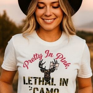 Pretty in Pink Lethal in Camo Deer Graphic Tee | Country Girl Hunting Shirt